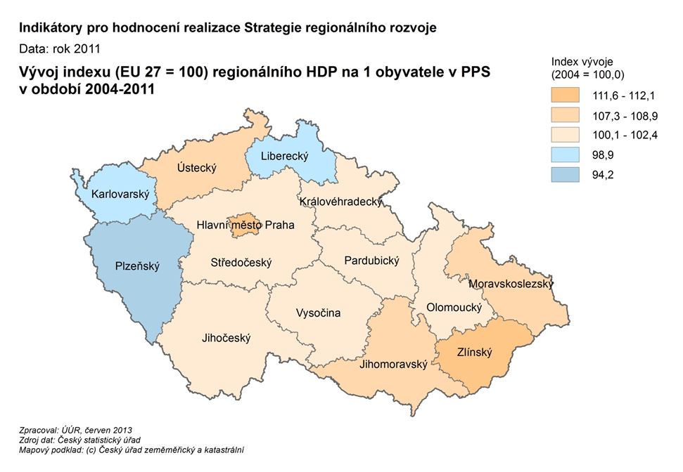 Vvoj indexu (EU 27 = 100) regionlnho HDP na 1 obyvatele v PPS v obdob 2004-2011