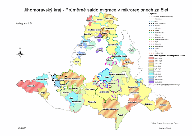 Jihomoravsk kraj - Prmrn saldo migrace v mikroregionech za 5 let